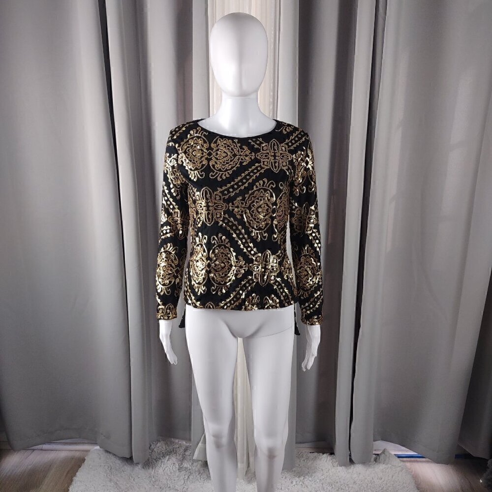 Say What? Women's Black And Gold Sequin Fitted Scoop Neckline Top Size Small
